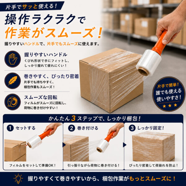ハンドル付きストレッチフィルム 15μ 幅10cm×150m 本体1本＋交換用4本