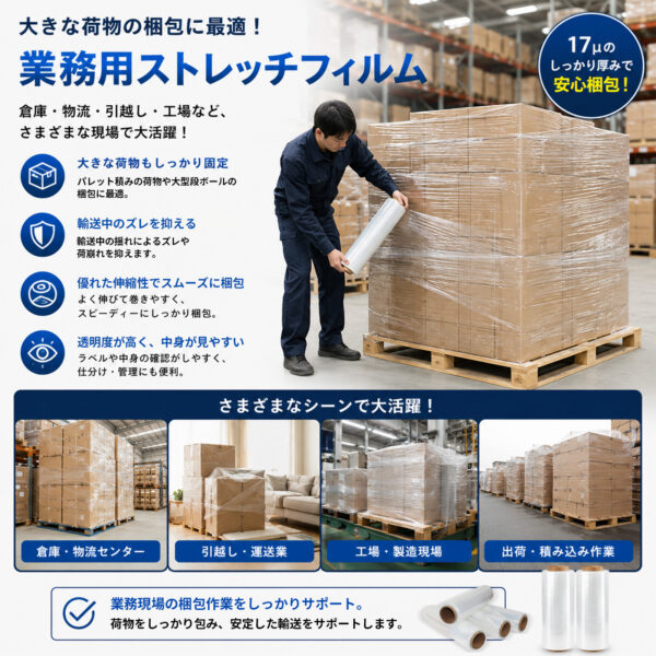 業務用ストレッチフィルム 15μ・17μ 幅50cm×300m