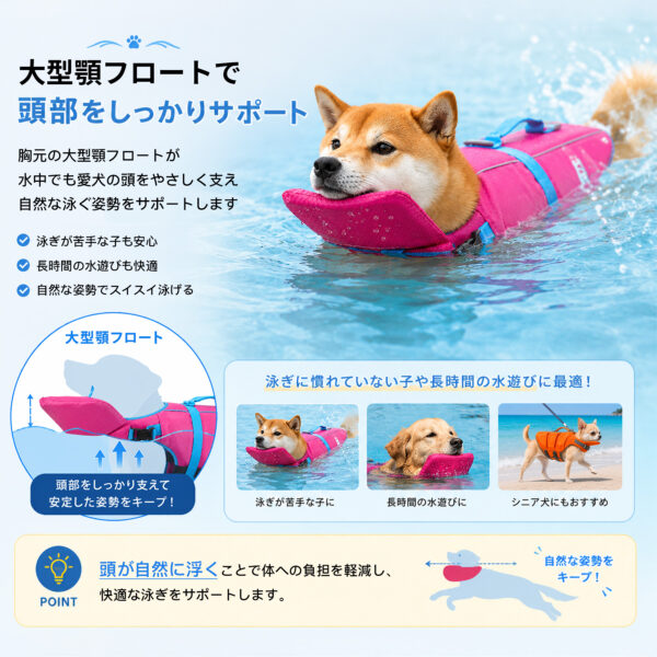 犬用ライフジャケット 顎サポート・背面ハンドル付き S・M／2カラー