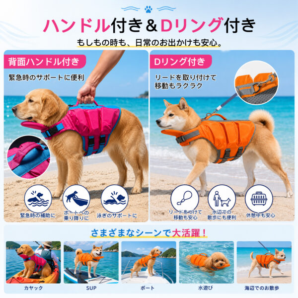 犬用ライフジャケット 顎サポート・背面ハンドル付き S・M／2カラー